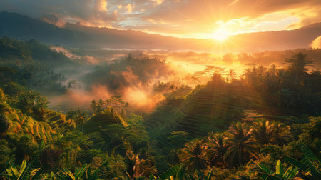 Sunrise over lush tropical jungle with sun rays streaming through the misty atmosphere.の素材