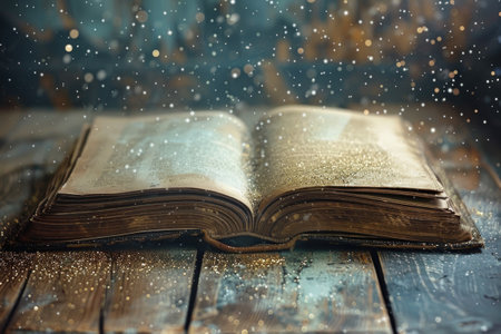 Open magical book with sparkling lights and dust creating a magical atmosphere.の素材