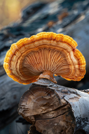 Lingzhi mushroom on driftwood in natureの素材