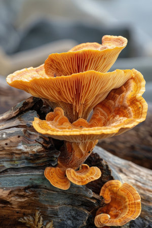 Detailed orange mushroom clusters growing on weathered wood.の素材