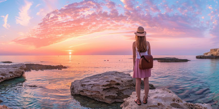 A stylish young woman traveler watches a beautiful sunset on the rocks on the beach, Cyprusの素材