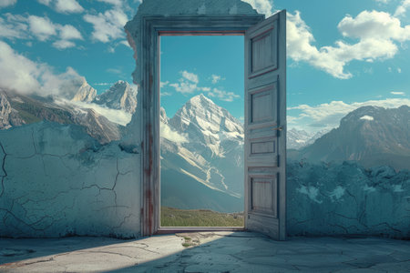 Opened door on mountain. Unknown and start up concept.の素材