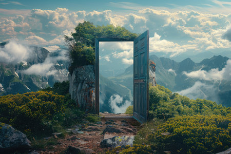 Opened door on mountain. Unknown and start up concept.の素材