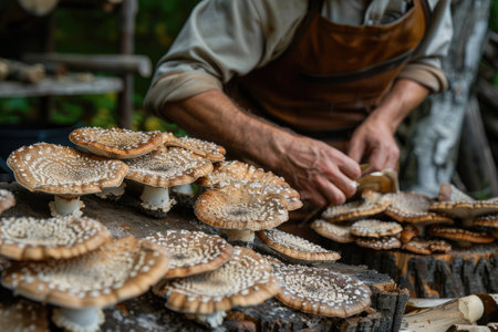 Shiitake mushrooms being cultivated the traditional organic wayの素材