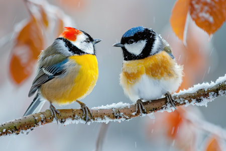 Two beautiful songbirds sitting at a tree branch in the winter forestの素材
