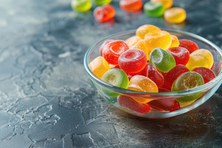 Colorful assorted fruit gummy candies in a bowl sprinkled with sugarの素材