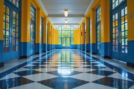 Empty school hallway with blue and yellow walls, patterned floorの素材