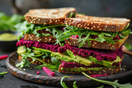 Vegan sandwiches with beetroot hummus. sandwich with beet, cheese, avocado and arugula.の素材