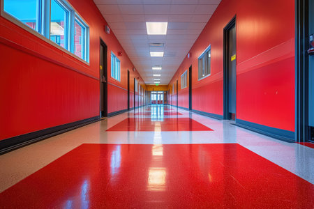 Empty red school hallway with smooth reflective polished tile floorの素材