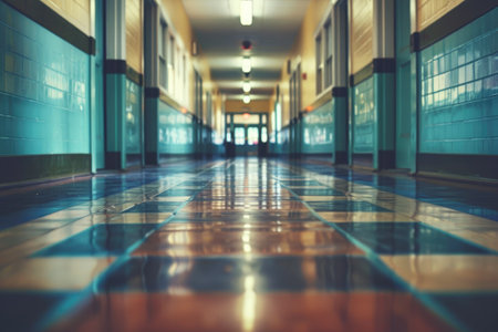 Dimly lit retro school hallway with polished checkered tile floorの素材