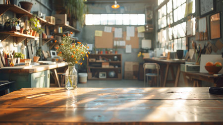 Desk of free space and workshop interior. Empty space for your products and natural sunlight.の素材