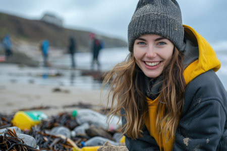 Smiling volunteer woman in yellow jacket cleaning beach litterの素材