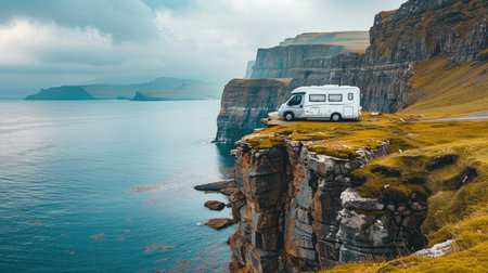 Scenic camper van parked on a cliff by the ocean with misty hillsの素材
