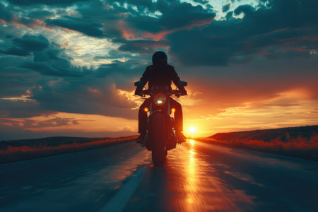 Silhouette of a motorcyclist riding at sunset with dramatic sky.の素材