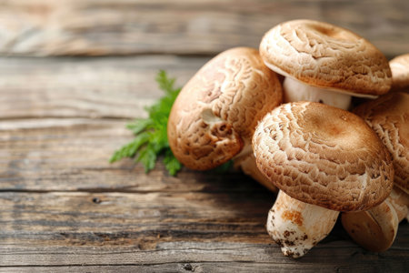 Shiitake mushroom on wooden tableの素材