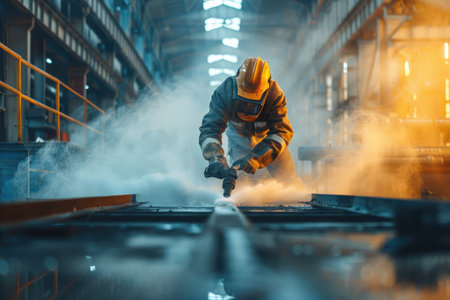 Worker in protective gear using tools in an industrial factory setting.の素材