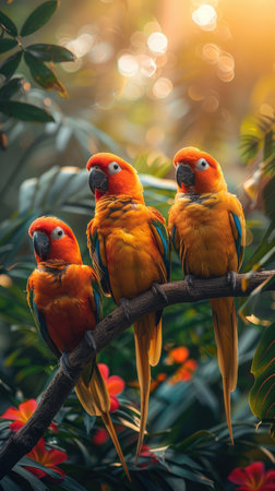 Tropical birds sitting on a tree branch in the rainforestの素材