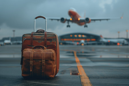 Travel luggage and airplane on the airport runway. Travel and vacation concept,の素材