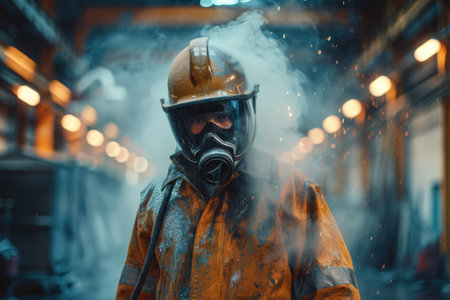Worker in protective gear using tools in an industrial factory setting.の素材