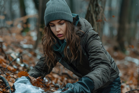 A female volunteer collects plastic waste in the forest. Cleaning nature from plastics.の素材