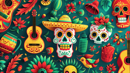 A colorful illustration celebrating the Mexican Day of the Dead with festive skulls, musical instruments, and traditional decorations in vivid detail.の素材