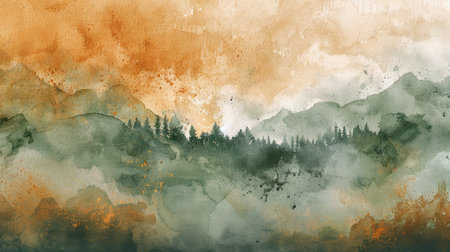 Watercolor painting of green forest with earthy tones and misty sky.の素材