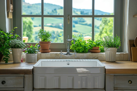 Bright sunny kitchen with window, sink, and potted plants viewの素材