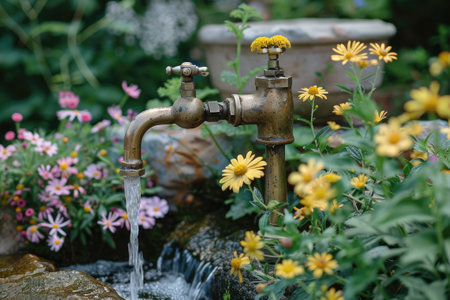 Flowing water from a garden faucet surrounded by yellow flowers.の素材