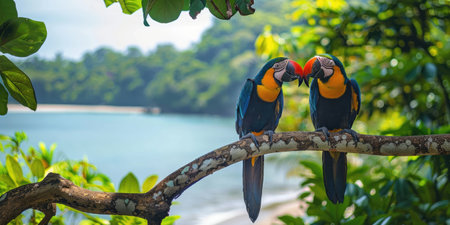 Two colorful parrots perched on a tree branch in lush greeneryの素材