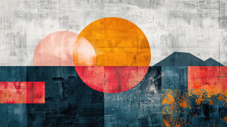 Abstract geometric shapes with overlapping circles against a textured background.の素材