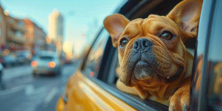Curious bulldog leaning out of a car window during a road trip.の素材