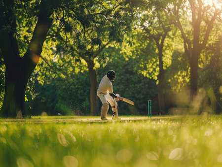 Cricketer walking with bat on a serene field in the evening lightの素材