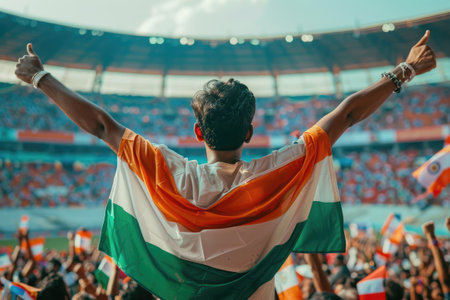 Person in stadium cheering with Indian flag draped over shouldersの素材