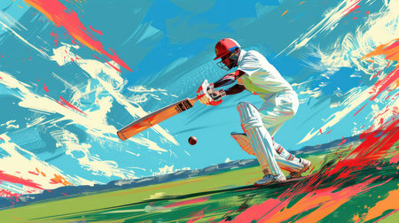 Cricket player hitting ball on a bright sunny day under open skyの素材