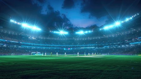 Cricketer playing under stadium lights during a night matchの素材