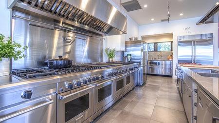 Modern commercial kitchen with stainless steel appliances and decor.の素材