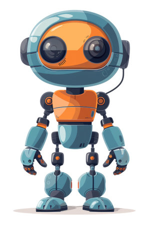 Cute and friendly blue robot character with headset illustration.の素材