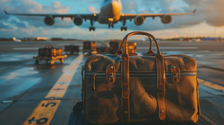 Travel luggage and airplane on the airport runway. Travel and vacation concept,の素材