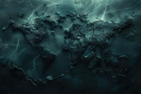 Dramatic crumbling world map under stormy skies in digital artworkの素材