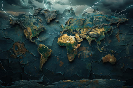 Dramatic crumbling world map under stormy skies in digital artworkの素材