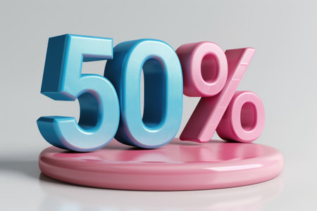 Glossy red and blue 50 percent sign on gray backgroundの素材
