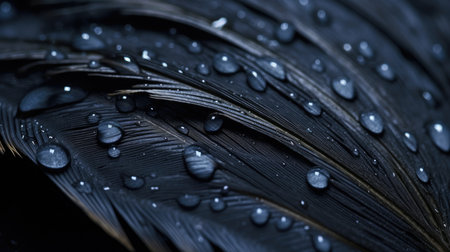 Close-up of black feather with water droplets, macro photography shot.の素材