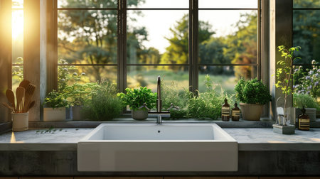 Bright sunny kitchen with window, sink, and potted plants viewの素材
