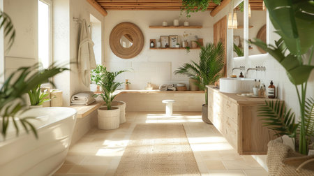 Luxurious bathroom with a modern tub, large window and green plants.の素材