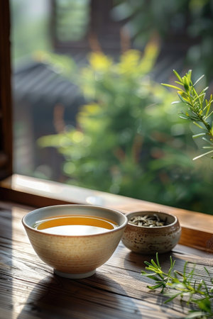 Green tea placed next to green plants in a window covered in sunlight.の素材