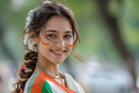 Smiling woman in traditional attire with Indian flag behind her.の素材