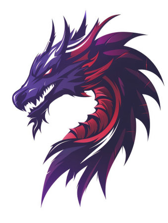Illustration of a dragon head, red and purple scales, fantasy art.の素材