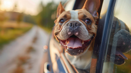 Happy French Bulldog with tongue out enjoying a ride in the carの素材