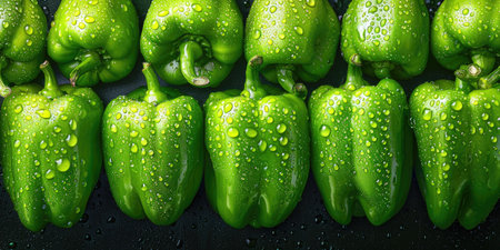 Wet green bell peppers freshly harvested on dark backgroundの素材