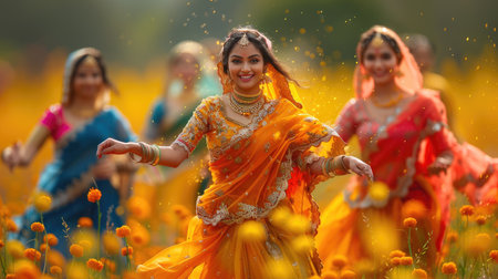 A group of women dressed in colorful traditional Indian clothes dancing joyfully amidst a vibrant field of marigold flowers.の素材